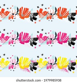 Cute floral seamless repeat border pattern in retro red, black and aqua. Featuring desert blossoms, cactus in borders on light blue background. 