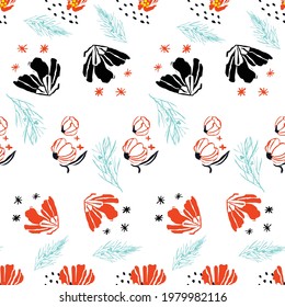 Cute floral seamless repeat pattern in retro red, black and aqua. Featuring desert blossoms, cactus and stark floral contrast on a white background. 