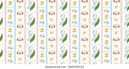 Cute floral seamless striped pattern with hand drawn beautiful flowers, garden blooming, strawberry. Spring summer cozy background. Vintage trendy print. Cottage core aesthetic. Vector illustration.