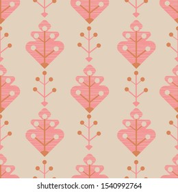 Cute floral seamless vector pattern in pinky autumn colors in Scandinavian style for fabric, wallpaper, scrapbooking projects, or backgrounds. Surface pattern design.