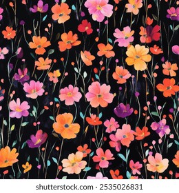 Patrón floral lindo de la acuarela inconsútil con el fondo negro de la acuarela. Ilustración vectorial de flores. Impresión de acuarela en estilo rústico vintage, textil o Fondos de pantalla.