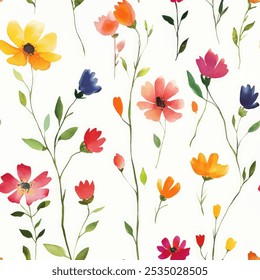 Cute floral seamless watercolor pattern on white background. Flower vector illustration. Watercolor print in rustic vintage style, textile or wallpapers.