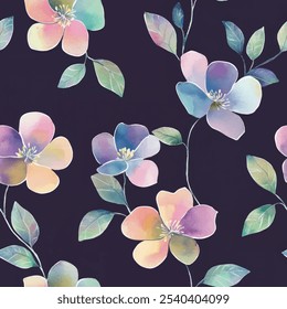 Cute floral seamless watercolor pattern on black background. Flower vector illustration. Watercolor print in rustic vintage style, textile or wallpapers.