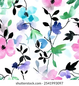 Cute floral seamless watercolor pattern on white background. Flower vector illustration. Watercolor print in rustic vintage style, textile or wallpapers.