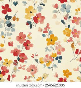 Cute  floral seamless watercolor pattern on cream background. Flower vector illustration. Watercolor print in rustic vintage style, textile or wallpapers.