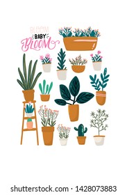Cute floral set with hand drawn house plant, flowers in pot, green foliage plant and romantic lettering. Template for web, card, poster, sticker, banner, invitation, wedding. Vector illustration