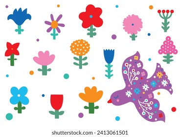 Marco floral con flor de primavera y pájaro. Ilustración de flores antiguas. Plantilla para impresiones de moda.
