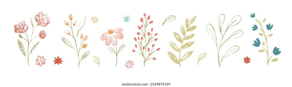 Cute floral simple doodle botanical art. Flowers, leaves, greenery kid style drawings. Crayon pencil vector. Spring, summer childish blosooms.