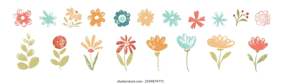 Floral bonito simples doodle arte botânica. Flores, folhas, desenhos de estilo infantil verde. Vetor de lápis de giz. Primavera, verão flores infantis.