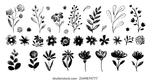 Floral bonito simples doodle arte botânica. Flores, folhas, desenhos de estilo infantil verde. Vetor de lápis de giz. Primavera, verão flores infantis.