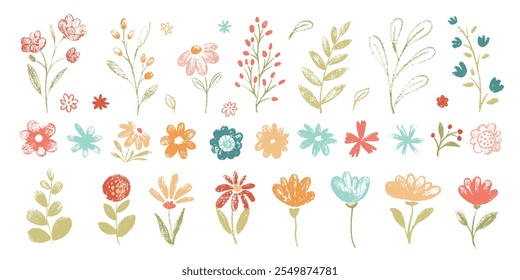 Cute floral simple doodle botanical art. Flowers, leaves, greenery kid style drawings. Crayon pencil vector. Spring, summer childish blosooms.