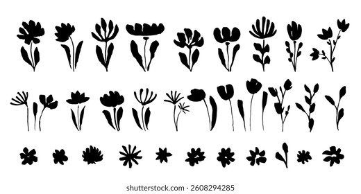 Cute floral simple doodle botanical art. Flowers black silhouettes. Spring, summer  blossoms.