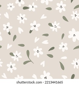 Cute floral simple seamless pattern in naive cartoon style. White daisy Spring flowers seasonal pattern, textile, digital paper, wrapping, paper. Repeat swatch. Vector flat hand drawn illustration