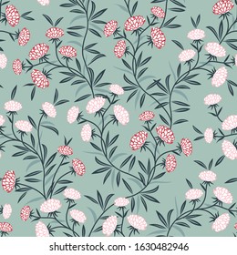 cute floral small flowers with leaf pattern on green background