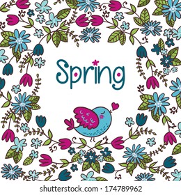 Cute floral spring card. Vector banner with flowers and birds. 
