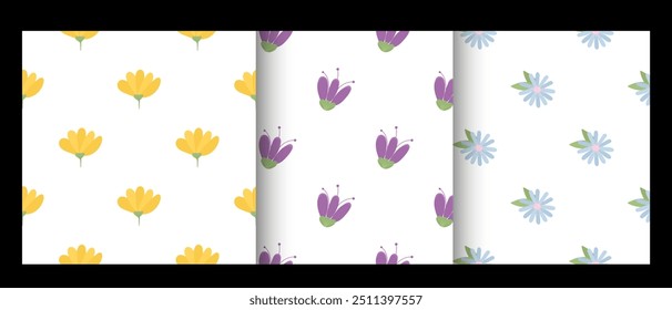 Lindo conjunto de patrón cuadrado floral. Patrones de flores simples para la impresión de la tela, papel de embalaje, diseño. Patrones de Vector floral sin fisuras aislados sobre fondo blanco cambiante. Bonita textura de niños.