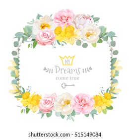Cute floral square vector design frame with wild rose, narcissus, camellia, peony, green eucalyptus. Pink, white and yellow flowers. Invitation card. All elements are isolated and editable