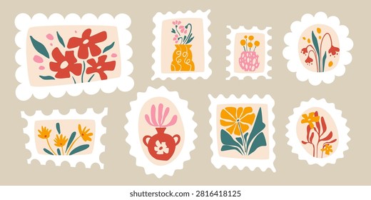 Cute floral stamp design with abstract flower motifs, vintage vector postage illustration, simple cartoon frames. Minimalist hand drawn postcards in trendy doodle style, spring stickers, collage set