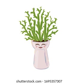 Cute floral sticker. Vector illustration with succulent plant in cute flowerpot. Funny cactus illustration isolated on white, cartoon style. 