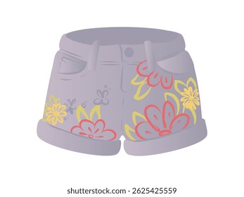 Cute floral summer shorts illustration in pastel colors. Vector clipart of tropical denim shorts with flowers and butterflies for kids fashion design, textiles, stickers, or summer themes.