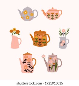 Cute Floral Teapot With Bouquet Of Spring Flowers In Scandinavian Style Modern And Elegant Home Decor Print Design Illustration For Greetings Cards Sticker Label Posters Congratulations Tea Shop Store