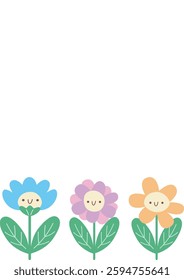 Cute floral template vector illustration. Adorable pastel flowers with smiling faces in a playful and cheerful design. Perfect for banners, greeting cards, invitations, stationery, and decorative