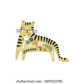 Cute floral tiger print. Perfect for t-shirt, apparel, cards, poster, nursery decoration. Vector Illustration