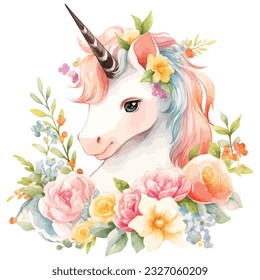 Cute Floral Unicorn with Flowers Watercolor Clipart  