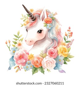 Cute Floral Unicorn with Flowers Watercolor Clipart  