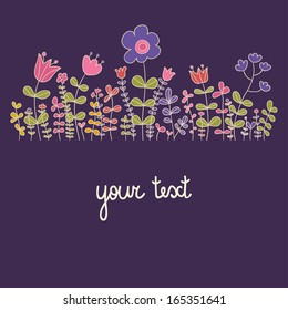 Cute floral vector card. Doodle flowers on violet background. Ideal for celebration card.