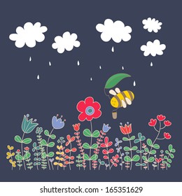 Cute floral vector card. Funny bee flying over flowers closing herself from rain