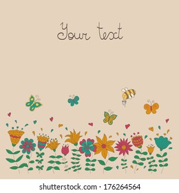Cute floral vector card. Funny bee and butterfly flying over doodle flowers. Can be used for celebration postcard, wedding invitation, etc.