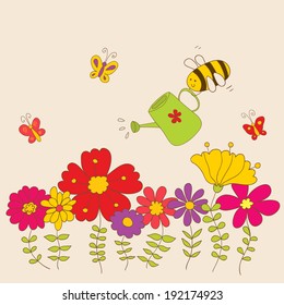 Cute floral vector card. Funny bee waters the flowers
