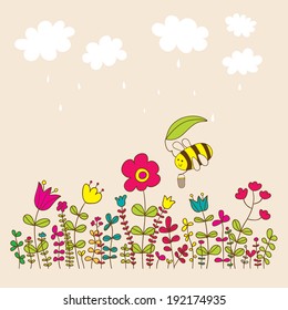 Cute floral vector card. Funny bee flying over flowers closing herself from rain