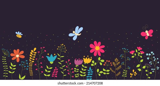 Cute floral vector card. Funny bee, butterfly, dragonfly flying over flowers. Can be used for celebration postcard, wedding invitation, etc.