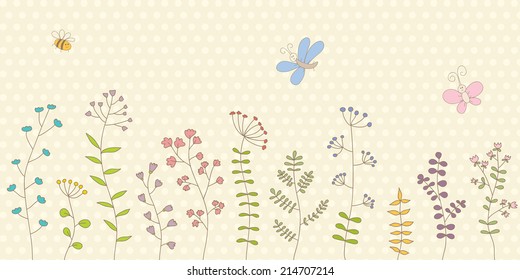 Cute floral vector card. Funny bee, butterfly, dragonfly flying over flowers. Can be used for celebration postcard, wedding invitation, etc.