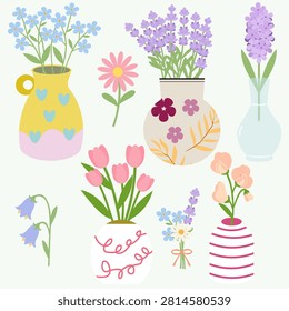 Cute floral vector collection with flowers in vases. Features hand-drawn spring blossoms like tulips, lavender, and daisies in colorful pots. Ideal for greeting cards and patterns