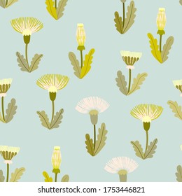 Cute floral vector pattern with decorative dandelions flowers on the blue background in hand drawn style. For textiles, wallpapers, designer paper, etc