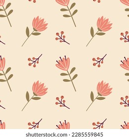 Cute floral vector pattern with small flowers and berries. Seamless background vector illustration