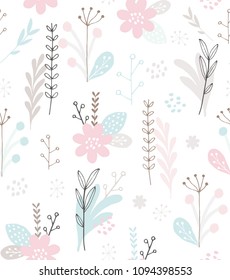 Cute Floral Vector Pattern. White Background. Pastel Pink Flowers. Grey, Light Pink and Mint Green Leaves and Twigs. Pink and Grey Dots. Hand Drawn Simple Design.