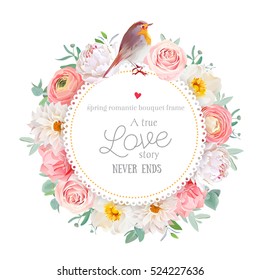 Cute floral vector round card with white peony, peachy rose and ranunculus, dahlia, carnation flowers, eucalyptus leaf, mixed plants and small robin bird. All elements are isolated and editable