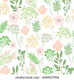 Cute floral vector seamless pattern with small beautiful flowers, leaves and branches.