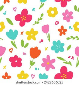 Cute floral vector seamless pattern. Colorful simple flowers in naive childish style.