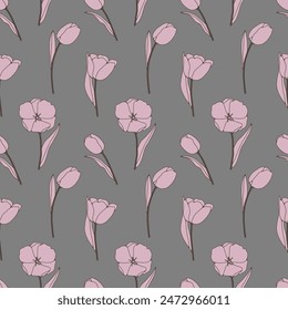 Cute floral vector seamless pattern with pink tulips for women's or children's textiles, wrapping paper, wallpaper or covers.