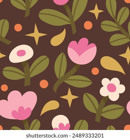 Cute floral vector seamless pattern. Delicate background with hand-drawn flowers and leaves. Colorful botanical illustration with abstract elements.