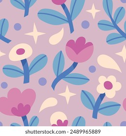 Cute floral vector seamless pattern. Delicate background with hand-drawn flowers and leaves. Colorful botanical illustration with abstract elements.