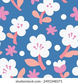 Cute floral vector seamless pattern. Delicate background with hand-drawn flowers and leaves. Colorful botanical illustration with abstract elements.