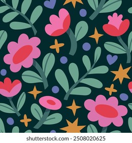 Cute floral vector seamless pattern. Delicate background with hand-drawn flowers and leaves. Colorful botanical illustration with abstract elements.