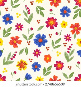 Cute floral vector seamless pattern. Colorful small flowers, berries on a light background. For fabric prints, textiles, and summer clothing.