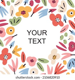 Cute floral vector template greeting card. Abstract pink valentine flowers, plants, berries, herbs isolated on white background. Festive bright multicolored wrapping card design